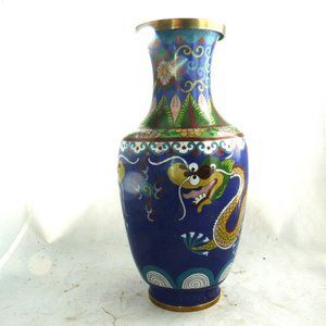Vintage Chinese Cloisonné Vase Dragons Flaming Pearl Ocean blue 9 1/2"